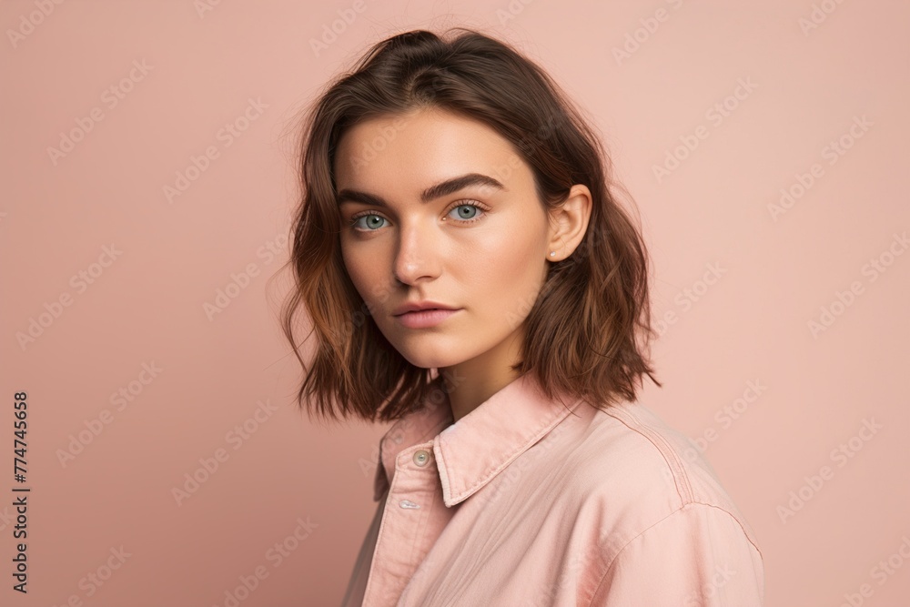 A woman with short brown hair and blue eyes is wearing a pink shirt A woman with short brown hair and blue eyes is wearing a pink shirt
