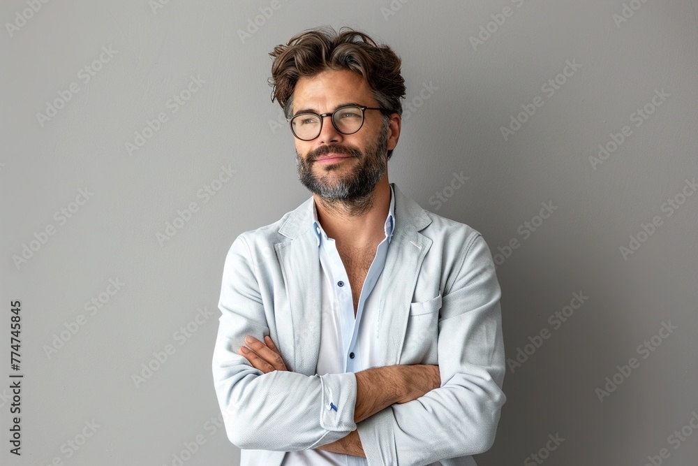 A man with glasses and a beard is standing with his arms crossed A man with glasses and a beard is standing with his arms crossed
