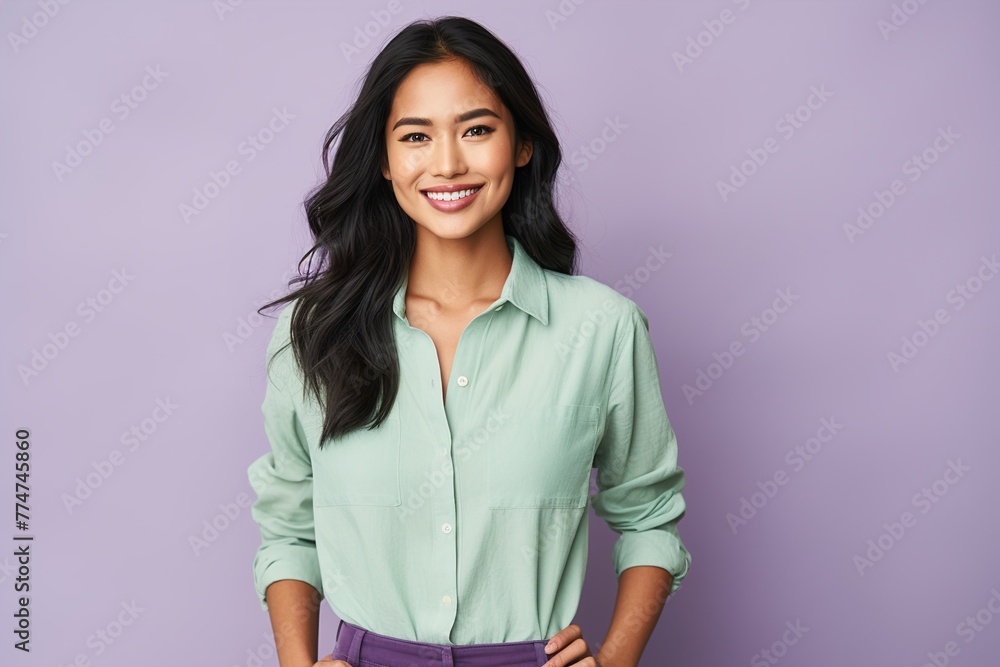 A woman is smiling and wearing a green shirt and purple pants A woman is smiling and wearing a green shirt and purple pants