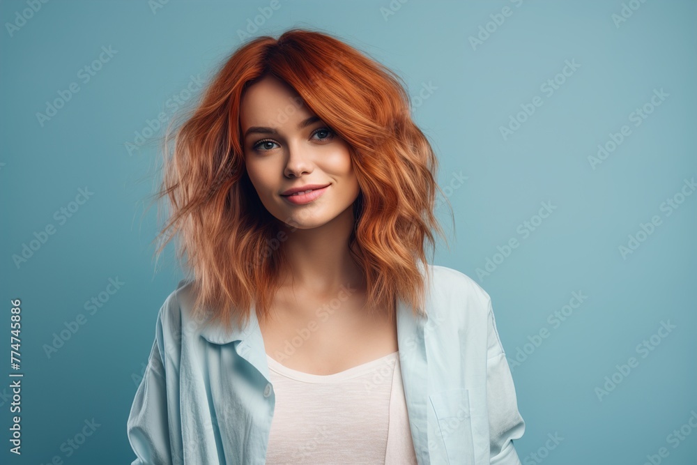 A woman with red hair is wearing a blue shirt and white shirt A woman with red hair is wearing a blue shirt and white shirt