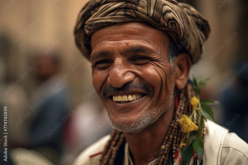 A man with a beard and mustache is smiling and wearing a turban