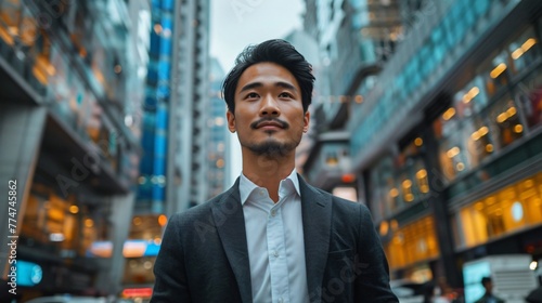 a young thai people entrepreneur walking through a bustling city street, skyscrapers in the background, dynamic and ambitious mood  photo