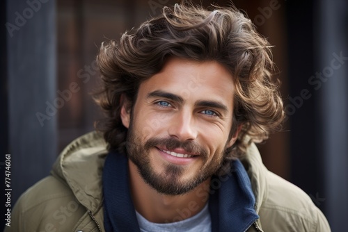 A man with a beard and long hair is smiling and wearing a green jacket