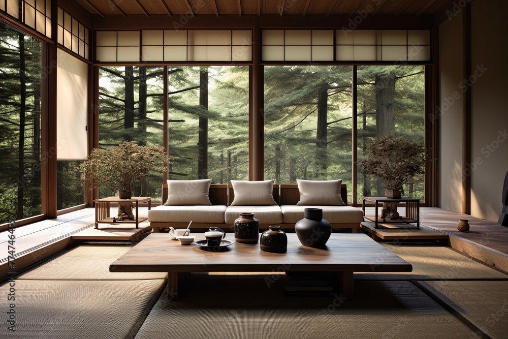 Zen Serenity: Traditional Japanese Inspired Living Room with Low Seating Simplicity
