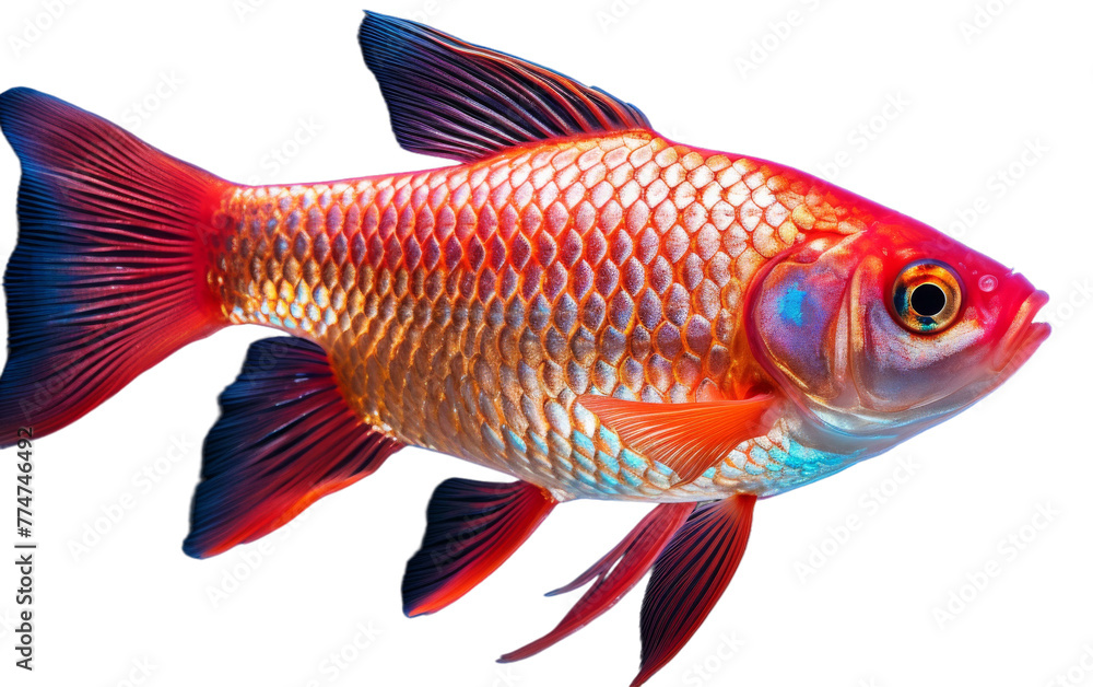 Φωτογραφία A vibrant red and blue fish swimming gracefully on a clean white background
