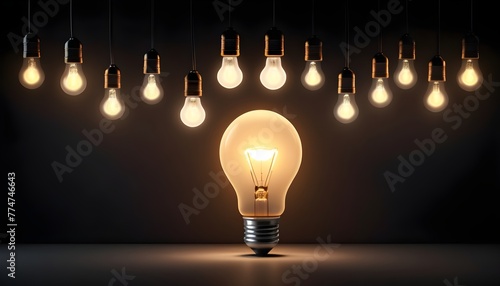 One of Lightbulb glowing among shutdown light bulb in dark area with copy space for creative thinking , problem solving solution and outstanding concept by 3d rendering technique.