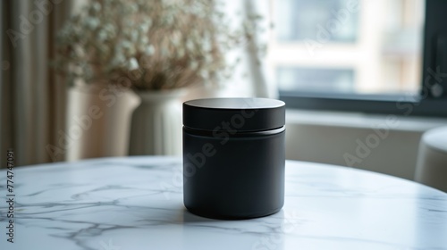 Featured is a white marble tabletop topped with a single black metal container. photo