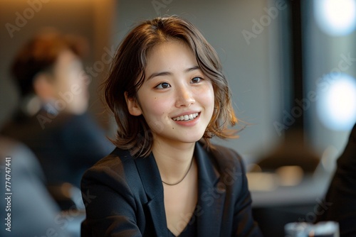 Smiling Asian Woman in Black Suit and Necklace, Celebrating the New Year Generative AI