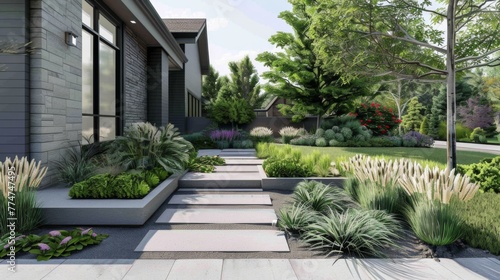 House With Lush Front Yard Plants © Prostock-studio