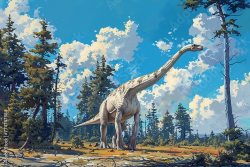 A majestic white giraffe stands tall in a lush green forest, surrounded by trees and clouds, evoking a sense of serenity and connection to nature. Generative AI © Satyam