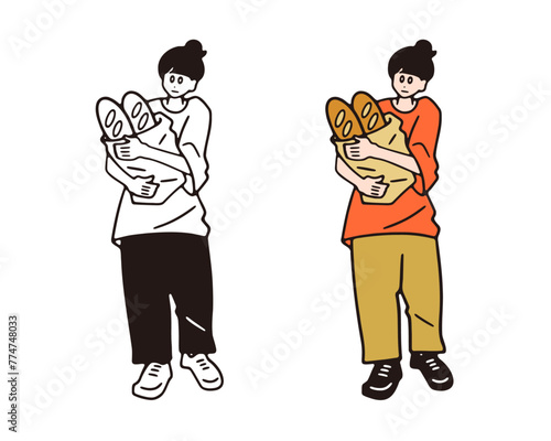 買い物袋を抱える女性の線画イラスト