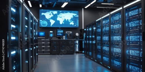 The command center of a data facility with a global data map display, signifying the interconnected nature of today's digital world. The room is equipped with state-of-the-art monitoring systems. AI photo