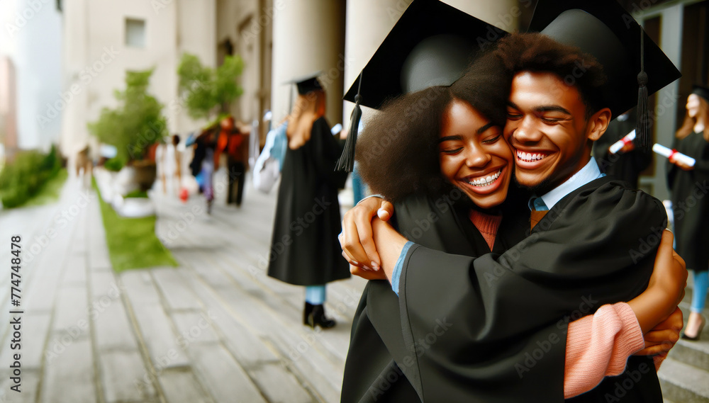 Happy graduates in ceremonial attire, hugging, convey a feeling of warmth and solidarity among themselves after graduation. space for advertising and text