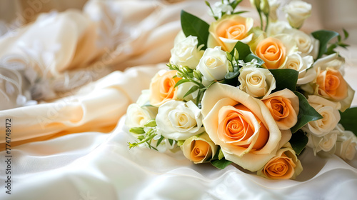 Wedding bouquet of yellow and white roses on the bed