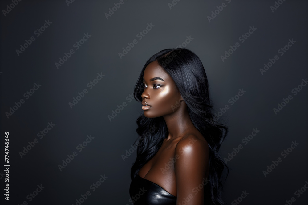 Naklejka premium Beautiful black woman with shiny skin against a plain black background