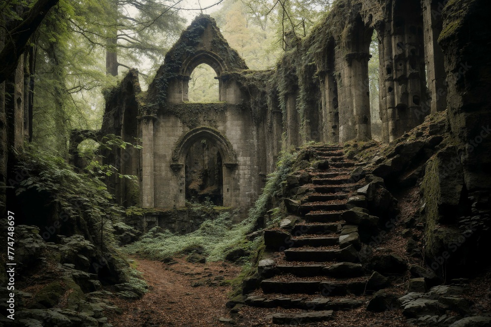 Ancient Castle Ruins Shrouded in Forest Mist