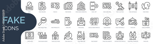 Set of outline icons related to fake. Linear icon collection. Editable stroke. Vector illustration photo