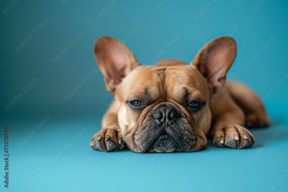 Happy pug puppy lying down against a blue background