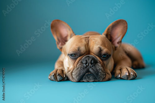 Happy pug puppy lying down against a blue background © GunRed