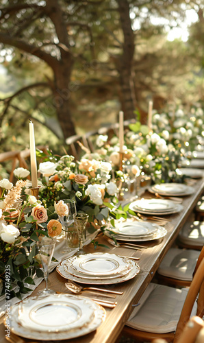 Elegant outdoor wedding table setting with floral centerpieces. Festive dinner reception in natural garden setting. Event design concept for design and print. Panoramic view with evening ambiance