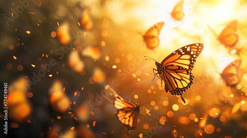 A captivating flock of monarch butterflies, their delicate wings shimmering in the golden light of the afternoon sun as they embark on their annual migration southward in search of warmer climates.