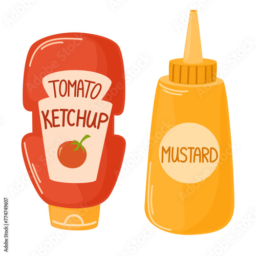 Ketchup and mustard sauces in plastic bottles. Red tomato catsup and yellow dressing in containers. American spicy condiments for fast food. Flat vector illustration isolated on white background