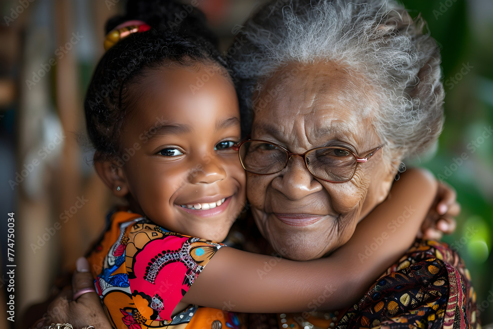 A heartwarming scene of a little African American girl hugging her smiling grandmother on Grandparents Day. A heartwarming scene of a little African American girl hugging her smiling grandmother on Grandparents Day.