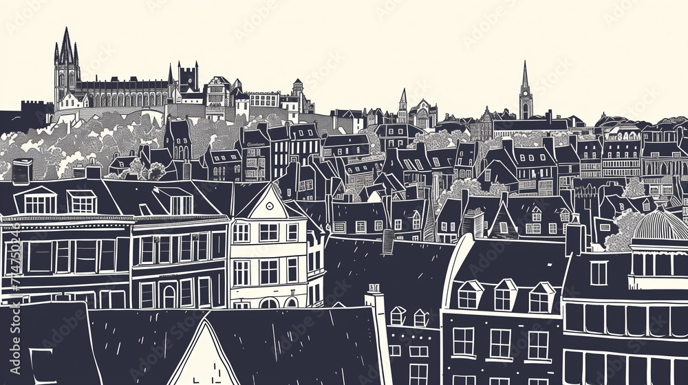 Linocut Woodcut illustration of an English city with victorian buildings