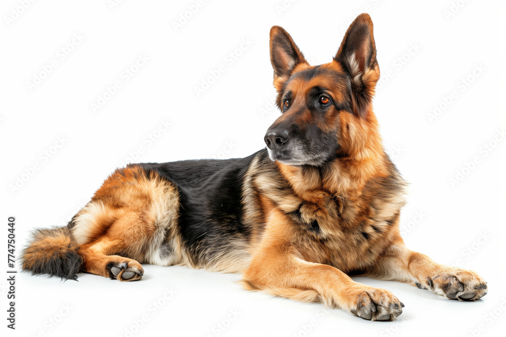 German Shepherd dog lying down facing the camera against a white background