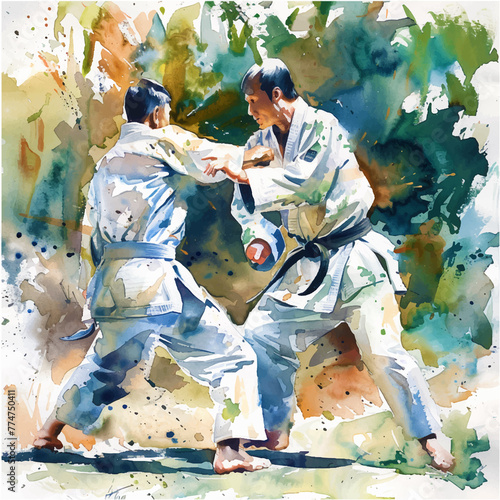 Judo martial art fighter watercolor paint 