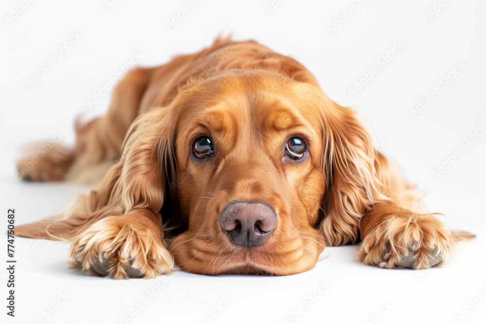 Beautiful golden colored Cocker Spaniel lying down facing the camera against a white background