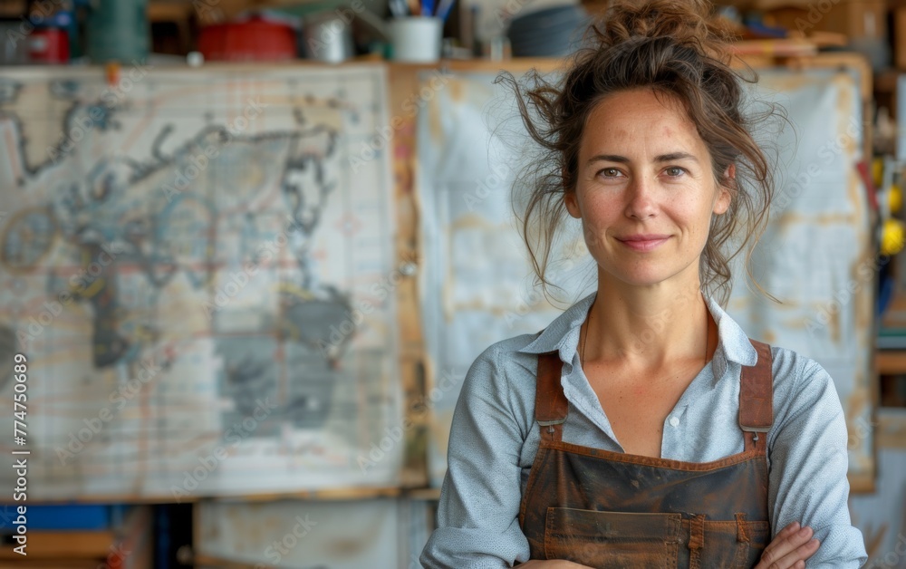 A woman with a messy bun stands in front of a map. She is smiling and looking at the camera A woman with a messy bun stands in front of a map. She is smiling and looking at the camera