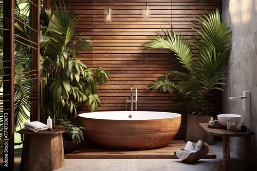 Tropical Sanctuary: Freestanding Tub, Wooden Details, and Lush Plants Infused Bathroom Design