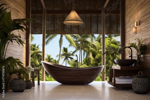 Tropical Oasis Dream: Freestanding Tub, Wooden Accents, andlush Greenery in Resort Bathroom Design © Michael