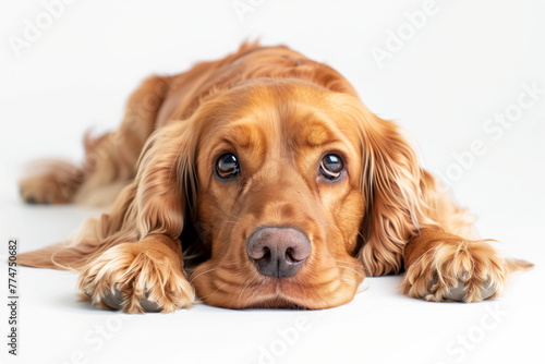 Beautiful golden colored Cocker Spaniel lying down facing the camera against a white background © GunRed