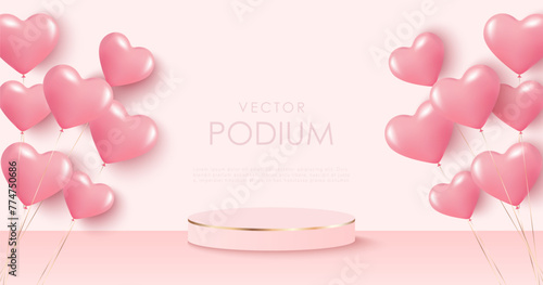Pink background realistic 3D podium in the shape of a cylinder with voluminous balloons. Background for product demonstration, pedestal, stand, wall. Pink podium mockup.