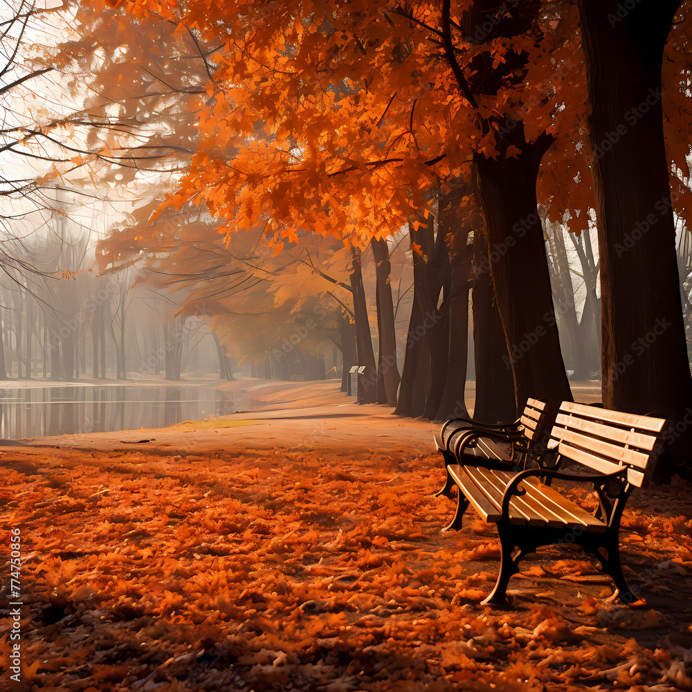Autumn leaves in a peaceful park setting. 
