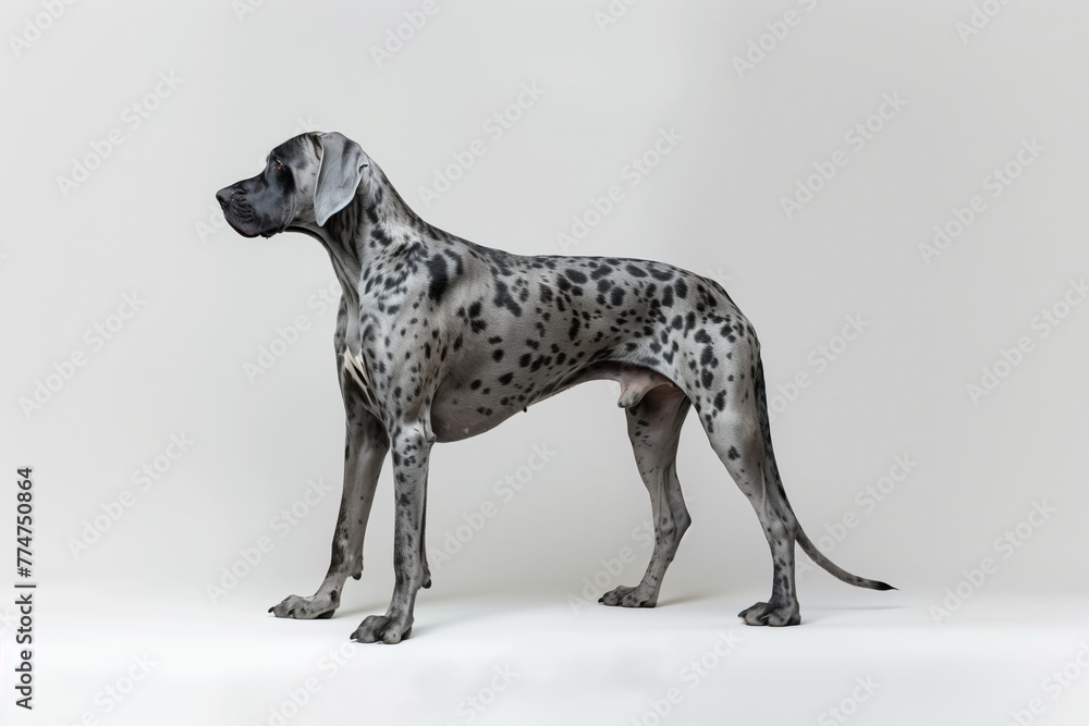 Large grey spotted Great Dane dog against a white background