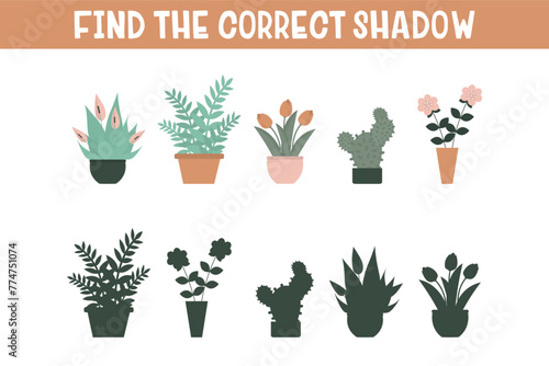 Educational game for children. Various home plants and flowers in pots. Find the correct shadow. Kids activity with domestic plants. Printable and editable poster,