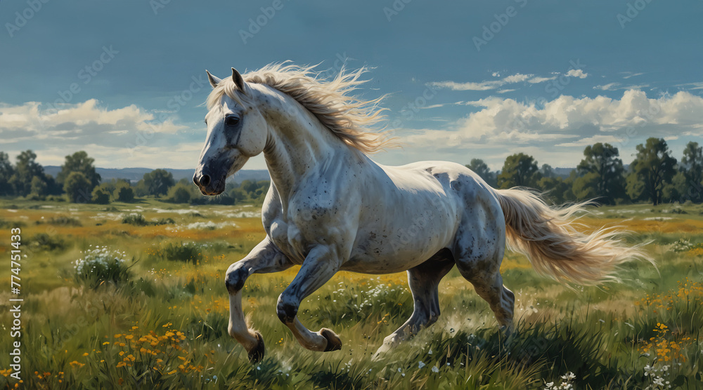 Fototapeta premium Beautiful white horse gallops on the meadow. A style similar to impressionist painting. Generative AI