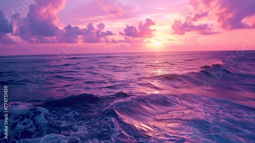 Pink and purple ocean with waves beautiful view