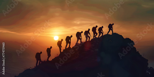 Silhouette of a group of climbers climbing on the top of a mountain.