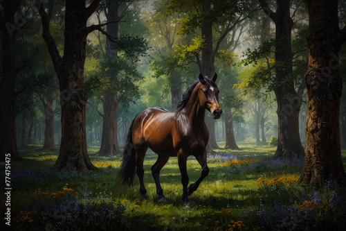 Beautiful horse gallops on the meadow. A style similar to impressionist painting. Generative AI