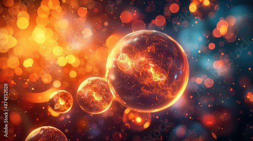 Abstract energy background with glowing orbs and spheres radiating light 