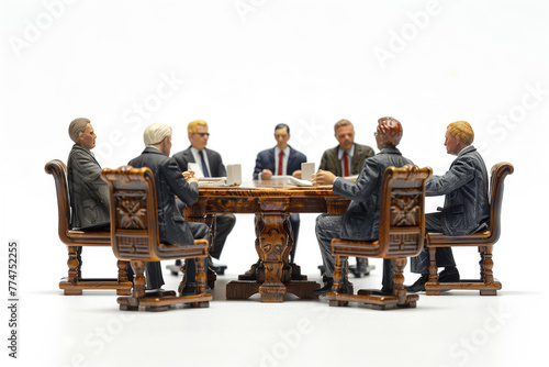 Miniature plastic model figure businessmen having a board meeting against a white background. 