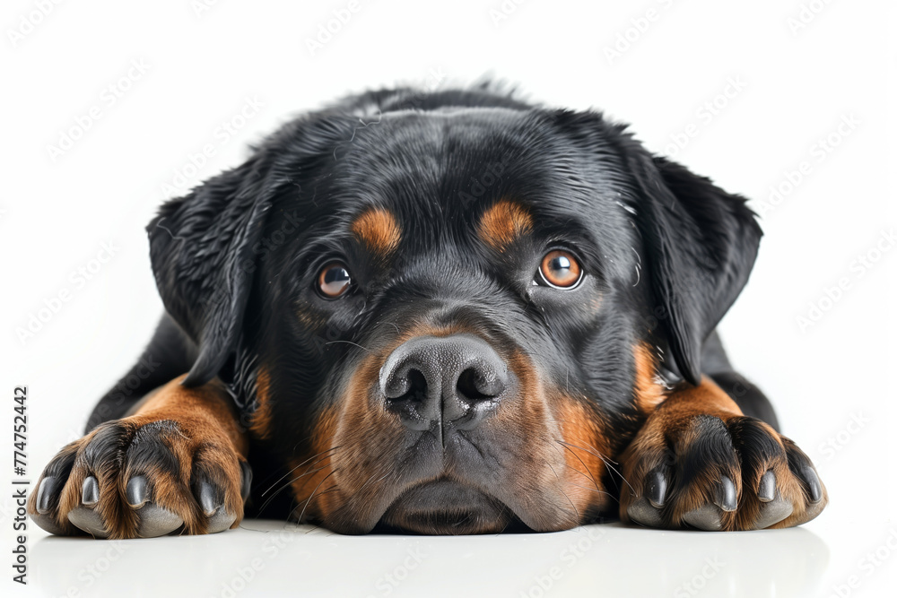 Rottweiler dog lying down. 