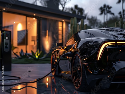 Electrifying Nighttime Drive A Black Car Charges Up in the Shadow of a Modern Home Generative AI