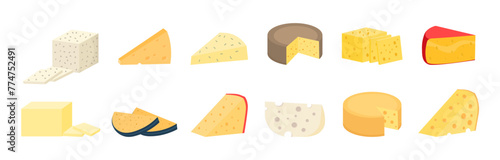 Set of cheese wheels and slices isolated on a white background. Various types of cheese. Modern flat style realistic icons. Fresh parmesan or cheddar. Vector illustration