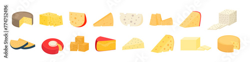 Set of cheese wheels and slices isolated on a white background. Various types of cheese. Modern flat style realistic icons. Fresh parmesan or cheddar. Vector illustration