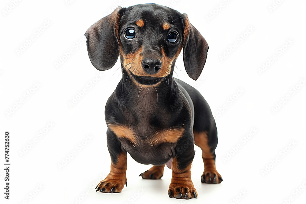 Cute miniature Dachshund sausage dog, facing the camera and standing against a white background